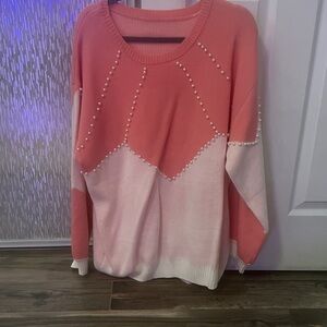Women's Coral and White Sweater with Pearl Accents